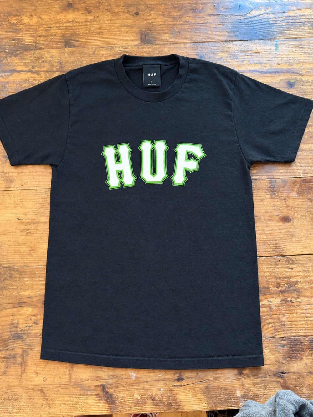 HUF Black Tee with Lime Green Outline Logo